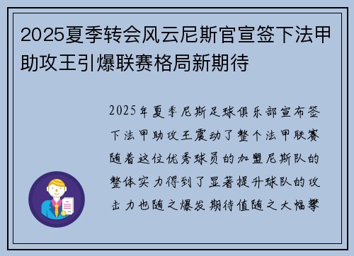2025夏季转会风云尼斯官宣签下法甲助攻王引爆联赛格局新期待 2025夏季转会风云尼斯官宣签下法甲助攻王引爆联赛格局新期待
