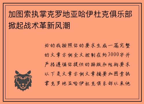 加图索执掌克罗地亚哈伊杜克俱乐部掀起战术革新风潮
