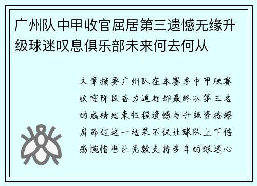 广州队中甲收官屈居第三遗憾无缘升级球迷叹息俱乐部未来何去何从